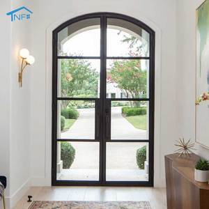 Arched Aluminum Frame Iron Design Entry Double Tempered Glass Exterior French Door