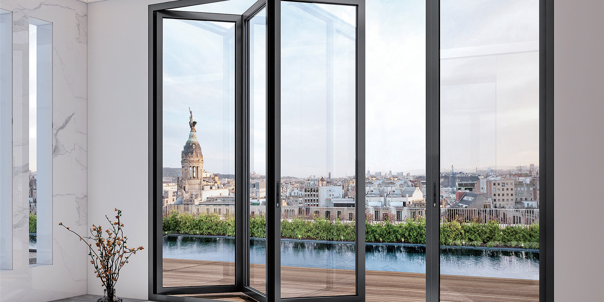 Aluminum bifold folding doors fully opened to a garden