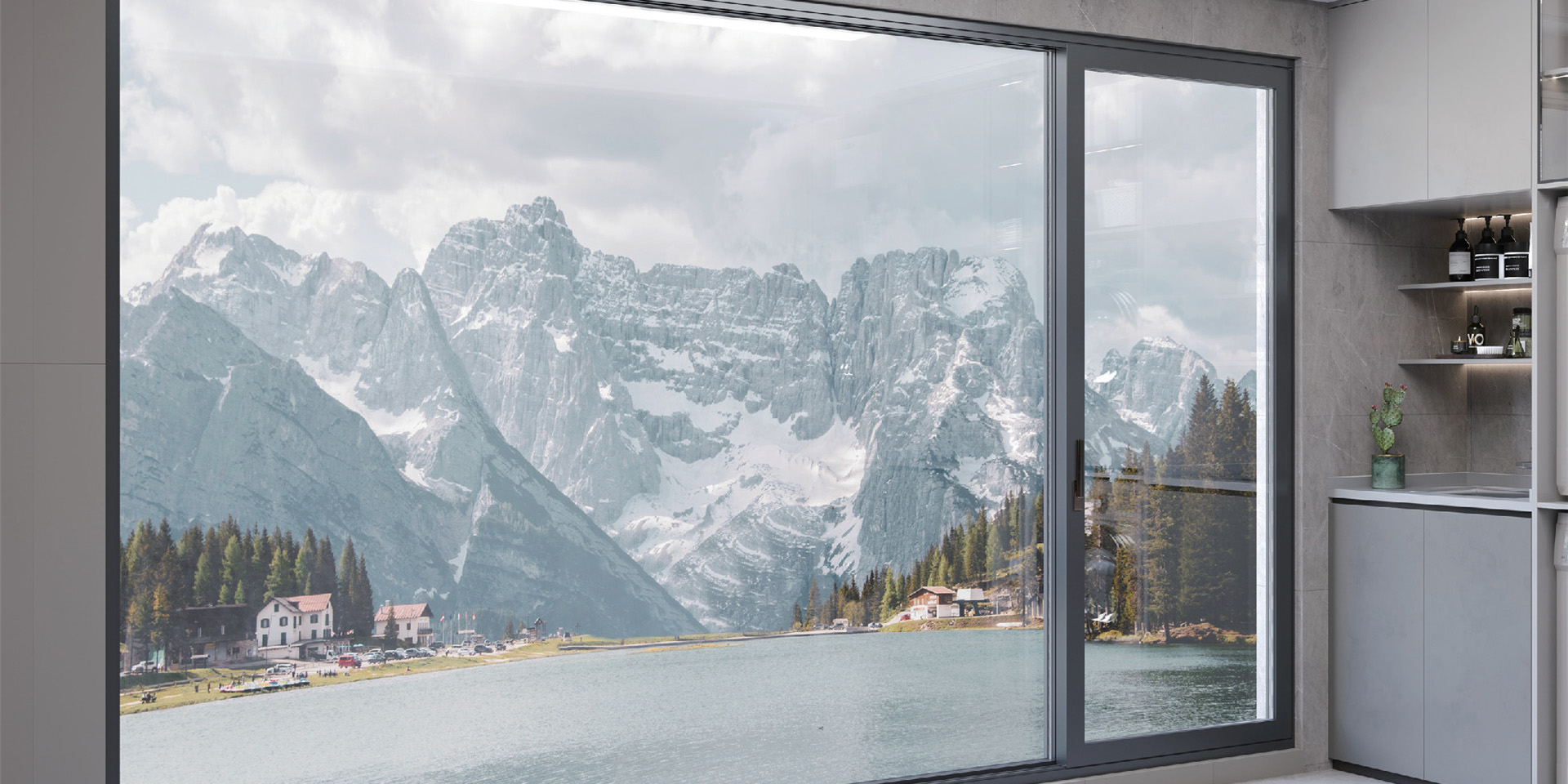 Thermal break aluminum casement doors opening to a terrace